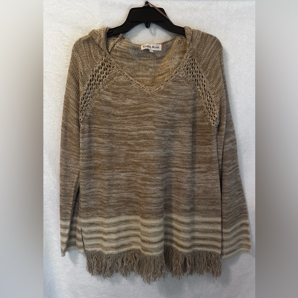 Carol Rose Brown V-Neck Sweater with Textured Knit, with Fringe on the Bottom.